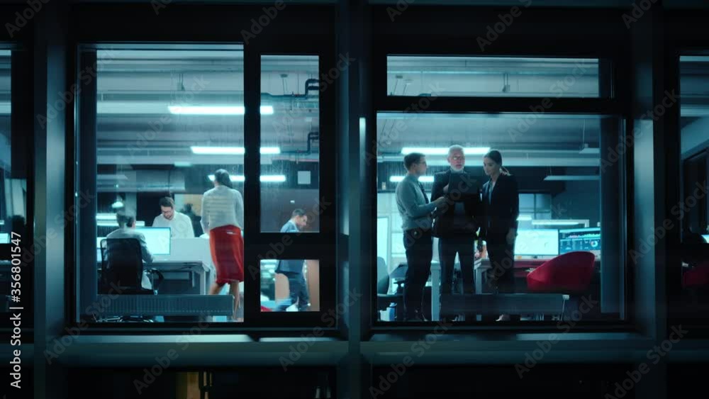Poster footage from outside the window: daily meeting in the office. senior manager explaining new business