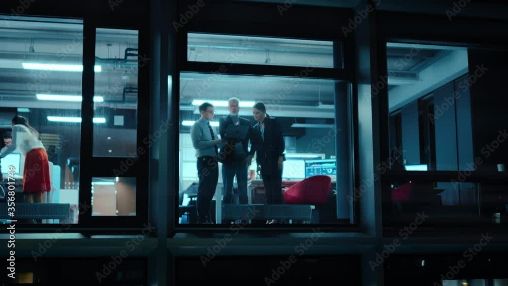 Poster footage from outside the window: daily meeting in the office. senior manager explaining new business