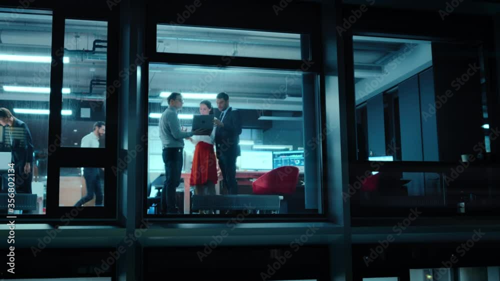 Poster footage from outside the window: daily meeting in the office. senior manager explaining new business
