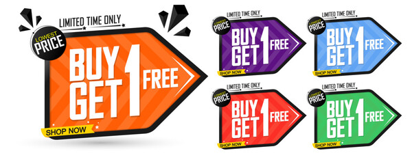 Fototapeta premium Set Buy 1 Get 1 Free tags, sale banners design template, discount badge collection, app icons, vector illustration
