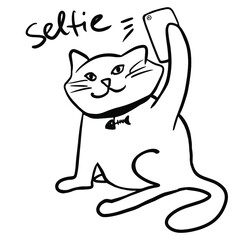 Cat taking a selfie.  Hipster cat.  Vector illustration on white background. For cards, posters, decor