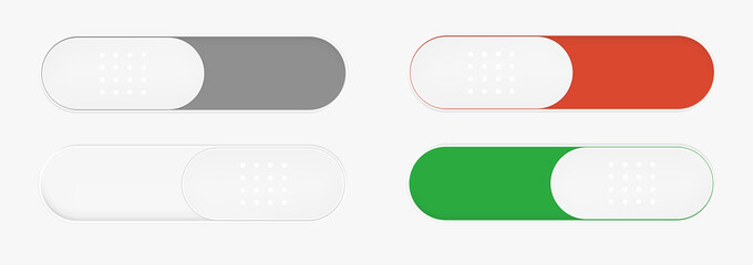 Buttons on and off the switch. UI, UX, KIT elements for web site and Mobile app. User interface switch buttons set. Sliders 4 colors (green, orange, gray and white) Vector UI elements set