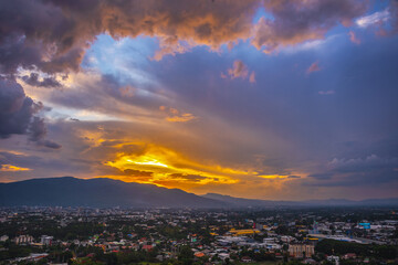 Beautiful panoramic aerial view of the city with clouds and sky composite. Chiang Mai, Thailand..