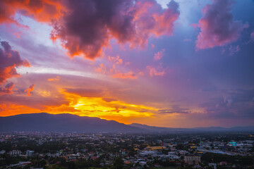 Beautiful panoramic aerial view of Orange clouds in evening. Chiang Mai, Thailand..