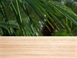 Empty wood table top on blur green leaves garden background ,nature abstract blurred, display product, balnk table	