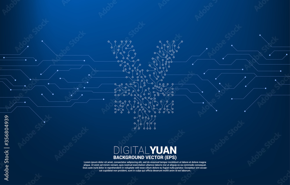 Poster vector digital yuan currency money icon from circuit board style dot connect line. concept for china
