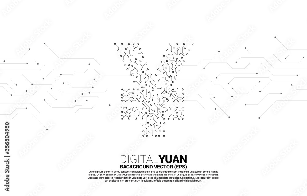 Poster vector digital yuan currency money icon from circuit board style dot connect line. concept for china