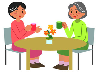 お茶を飲んで話すシニア女性