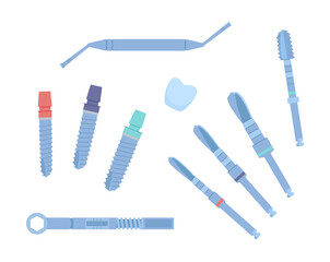 Dental tools for dental implants. Medical metal and titanium. Vector illustration, in a flat style. Poster to the clinic, image for instructions for dentists, training books. Isolated on white.