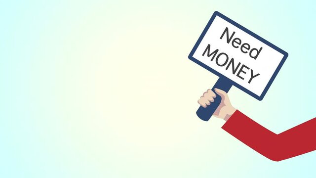 Concept of penury. Hand waving a banner board with words need money written on it over blue background.