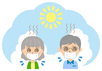 炎天下の暑さに苦しむマスクをした高齢の夫婦