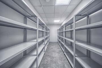 Empty Storage Space Room with metallic Shelves