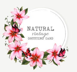 Natural vintage greeting card with beautiful pink clematis and butterflies. Vector.