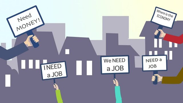 Economic crisis. 2d animation showing a crowd of people protesting as they don't have work and money.