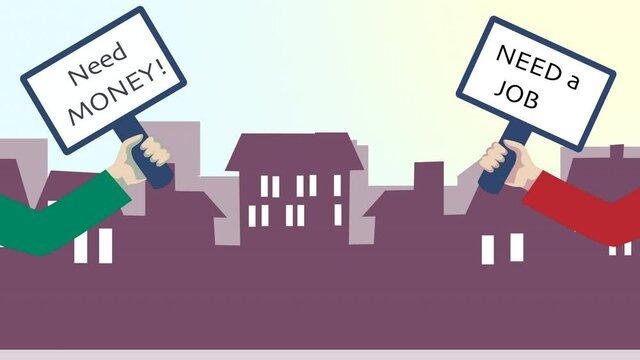 Economic crisis. 2d animation showing a crowd of people protesting as they don't have work and money.