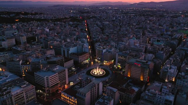 Omonia Square twilight 4k skyline, evening view of Athens, Greece