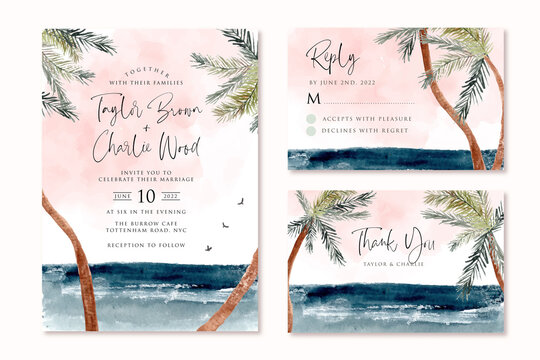 wedding invitation set with beach tropical palm tree watercolor landscape