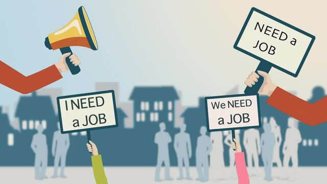 Economic crisis. 2d animation showing a crowd of people protesting as they don't have work and money.