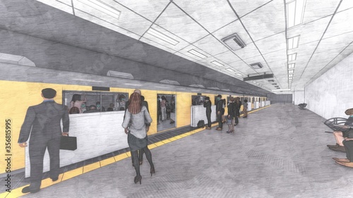 電車黄色 ホーム ドア開く 人有り イラスト69 Wall Mural Hiro Studio