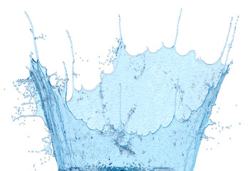 Realistic water splash in light blue colors. Crown with drops and spray from the object falling into the liquid. Isolated on white background. 3D illustration