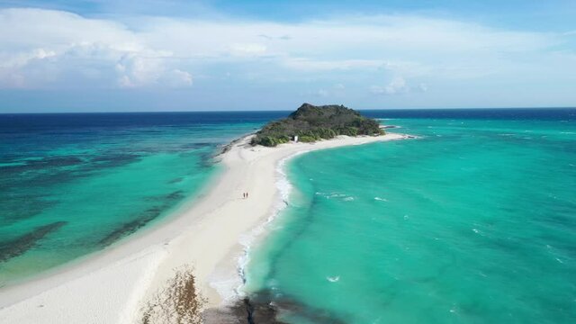 Exotic Tropical Travel Destination. Drone Aerial View of Sandbar on Cresta de Gallo Island, Romblon, Philippines