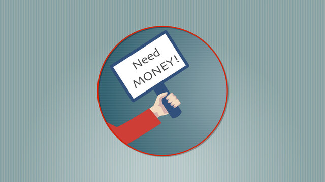 Concept of penury. Hand waving a banner board with words need money written on it over blue background.