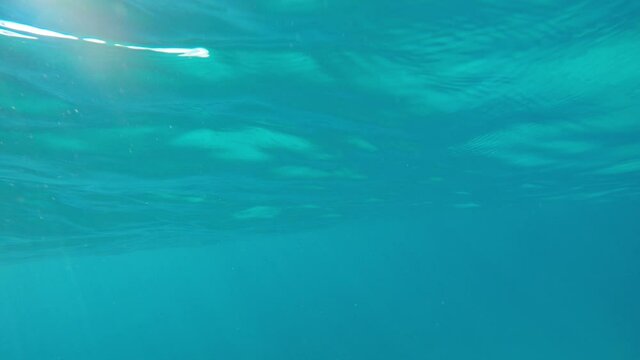 Underwater video of clear blue sea water, swimming below ocean surface 