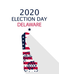 2020 United States of America Presidential Election Delaware vector template.  USA flag, vote stamp and Delaware silhouette