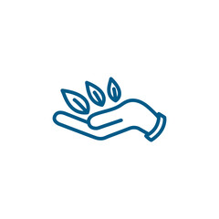 Leaf in Hand Line Blue Icon On White Background. Blue Flat Style Vector Illustration