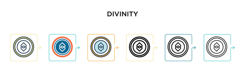 Divinity vector icon in 6 different modern styles. Black, two colored divinity icons designed in filled, outline, line and stroke style. Vector illustration can be used for web, mobile, ui