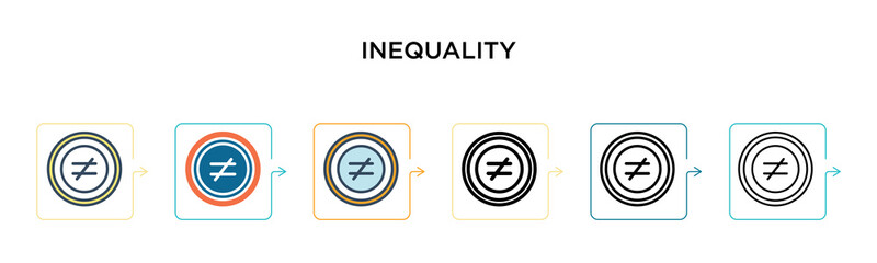 Inequality vector icon in 6 different modern styles. Black, two colored inequality icons designed in filled, outline, line and stroke style. Vector illustration can be used for web, mobile, ui