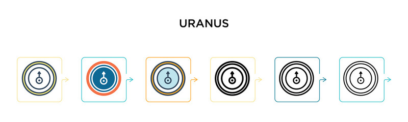 Uranus vector icon in 6 different modern styles. Black, two colored uranus icons designed in filled, outline, line and stroke style. Vector illustration can be used for web, mobile, ui