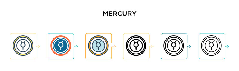 Mercury vector icon in 6 different modern styles. Black, two colored mercury icons designed in filled, outline, line and stroke style. Vector illustration can be used for web, mobile, ui