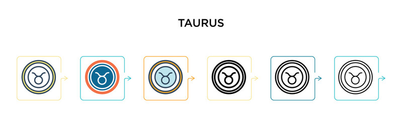 Taurus vector icon in 6 different modern styles. Black, two colored taurus icons designed in filled, outline, line and stroke style. Vector illustration can be used for web, mobile, ui