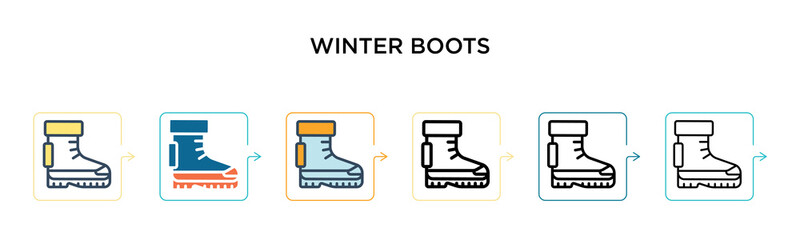 Winter boots vector icon in 6 different modern styles. Black, two colored winter boots icons designed in filled, outline, line and stroke style. Vector illustration can be used for web, mobile, ui