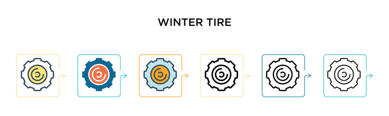 Winter tire vector icon in 6 different modern styles. Black, two colored winter tire icons designed in filled, outline, line and stroke style. Vector illustration can be used for web, mobile, ui