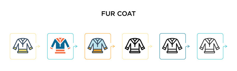 Fur coat vector icon in 6 different modern styles. Black, two colored fur coat icons designed in filled, outline, line and stroke style. Vector illustration can be used for web, mobile, ui