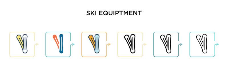 Ski equiptment vector icon in 6 different modern styles. Black, two colored ski equiptment icons designed in filled, outline, line and stroke style. Vector illustration can be used for web, mobile, ui