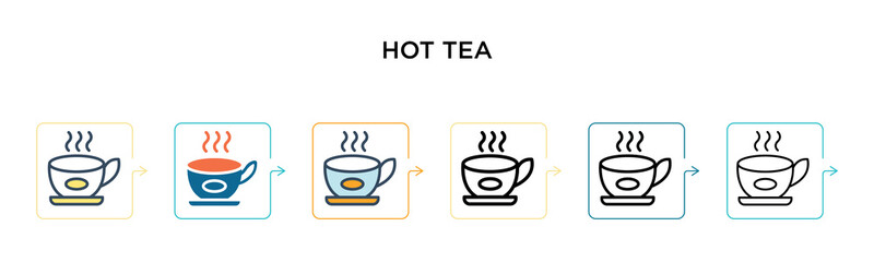 Hot tea vector icon in 6 different modern styles. Black, two colored hot tea icons designed in filled, outline, line and stroke style. Vector illustration can be used for web, mobile, ui