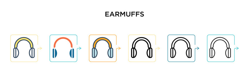 Earmuffs vector icon in 6 different modern styles. Black, two colored earmuffs icons designed in filled, outline, line and stroke style. Vector illustration can be used for web, mobile, ui