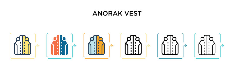 Anorak vest vector icon in 6 different modern styles. Black, two colored anorak vest icons designed in filled, outline, line and stroke style. Vector illustration can be used for web, mobile, ui