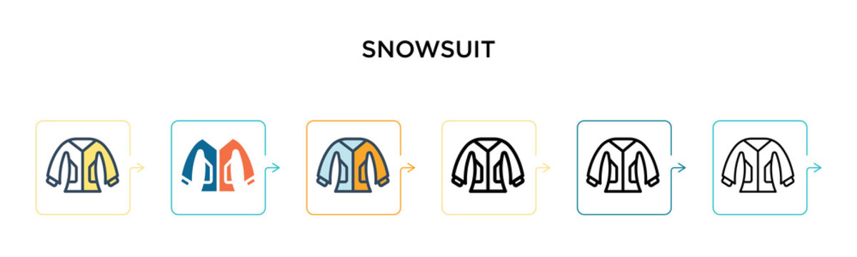 Snowsuit vector icon in 6 different modern styles. Black, two colored snowsuit icons designed in filled, outline, line and stroke style. Vector illustration can be used for web, mobile, ui