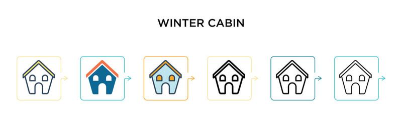 Winter cabin vector icon in 6 different modern styles. Black, two colored winter cabin icons designed in filled, outline, line and stroke style. Vector illustration can be used for web, mobile, ui