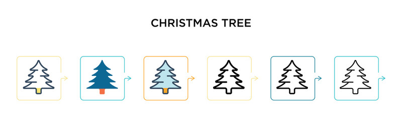 Obraz premium Christmas tree vector icon in 6 different modern styles. Black, two colored christmas tree icons designed in filled, outline, line and stroke style. Vector illustration can be used for web, mobile, ui