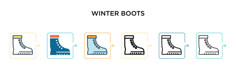 Winter boots vector icon in 6 different modern styles. Black, two colored winter boots icons designed in filled, outline, line and stroke style. Vector illustration can be used for web, mobile, ui