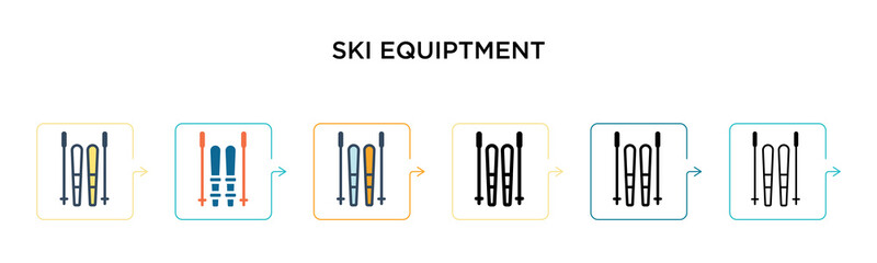 Ski equiptment vector icon in 6 different modern styles. Black, two colored ski equiptment icons designed in filled, outline, line and stroke style. Vector illustration can be used for web, mobile, ui