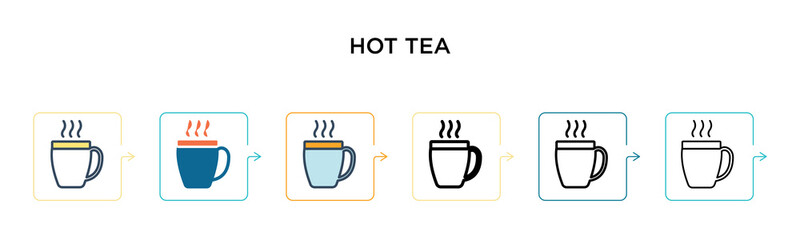 Hot tea vector icon in 6 different modern styles. Black, two colored hot tea icons designed in filled, outline, line and stroke style. Vector illustration can be used for web, mobile, ui