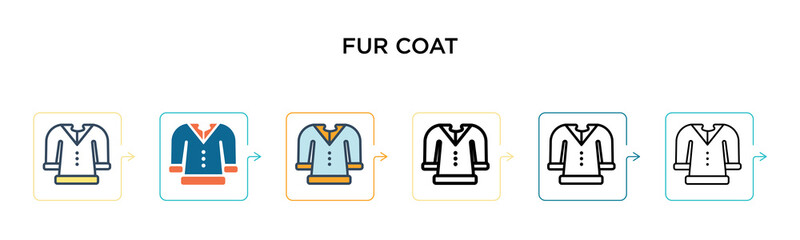Fur coat vector icon in 6 different modern styles. Black, two colored fur coat icons designed in filled, outline, line and stroke style. Vector illustration can be used for web, mobile, ui