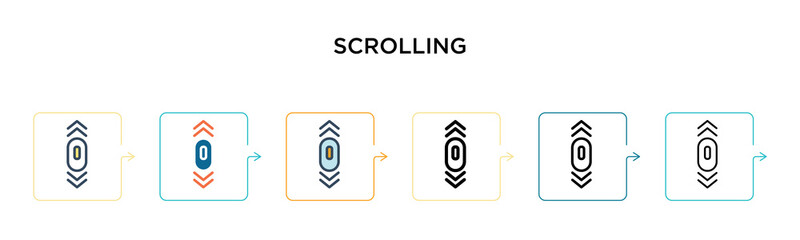 Scrolling vector icon in 6 different modern styles. Black, two colored scrolling icons designed in filled, outline, line and stroke style. Vector illustration can be used for web, mobile, ui