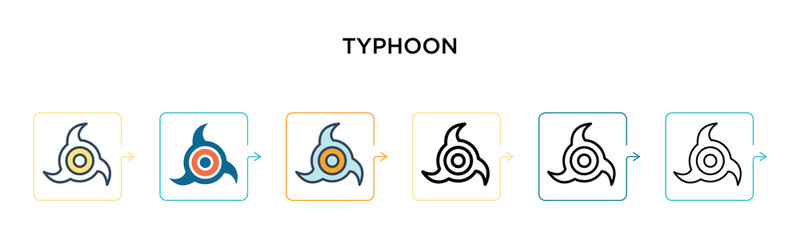 Typhoon vector icon in 6 different modern styles. Black, two colored typhoon icons designed in filled, outline, line and stroke style. Vector illustration can be used for web, mobile, ui